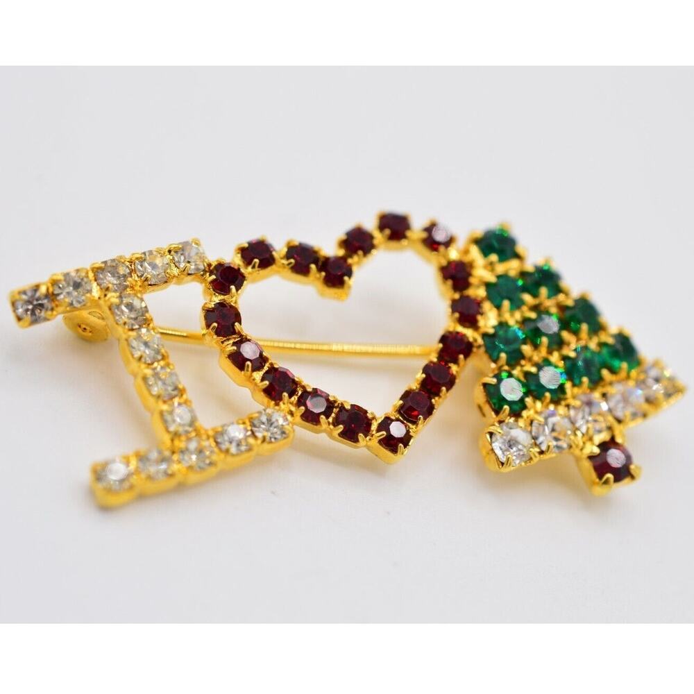 Vintage I Love Christmas Pin Brooch Gold Green Red Heart Holiday 1980s BinAC